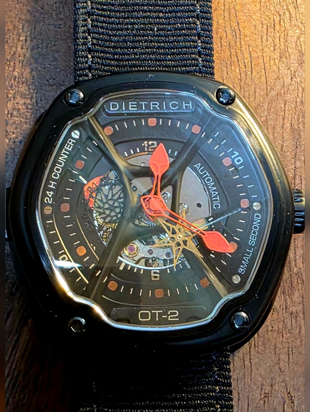 Dietrich OT-2 Black and Red Automatic Watch. Organic Time Skeleton Automatic